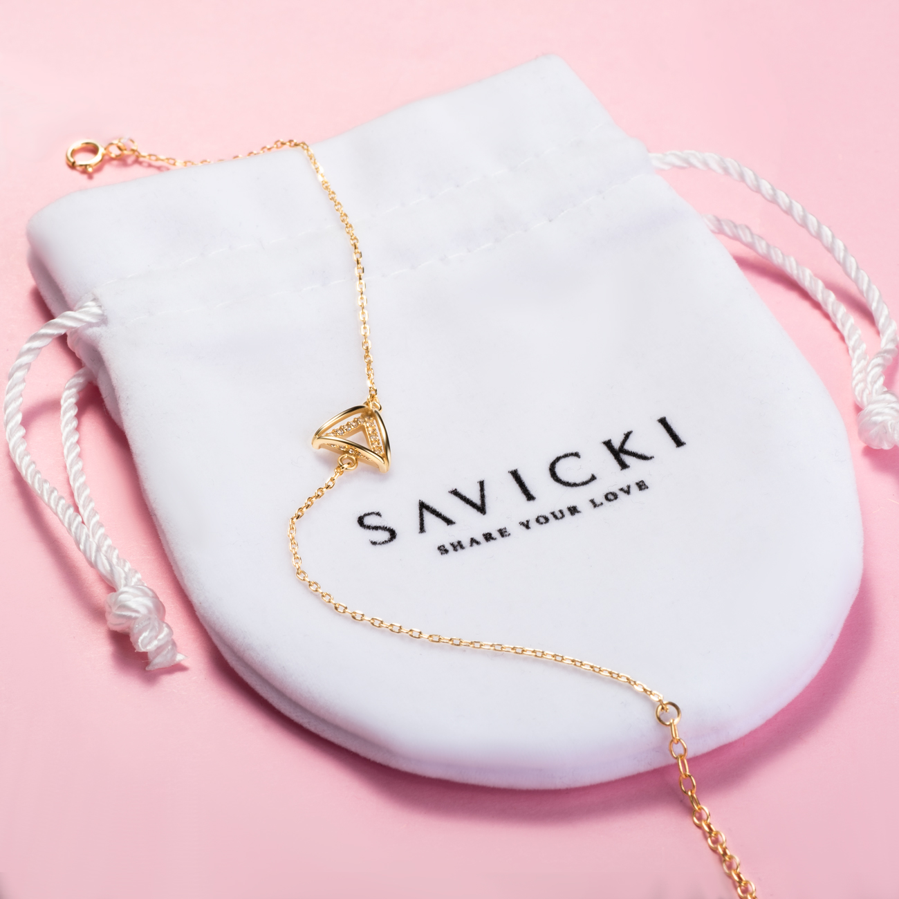 Bransoletka celebrytka trójkąt Savicki: srebrna pozłacana, cyrkonie - 4