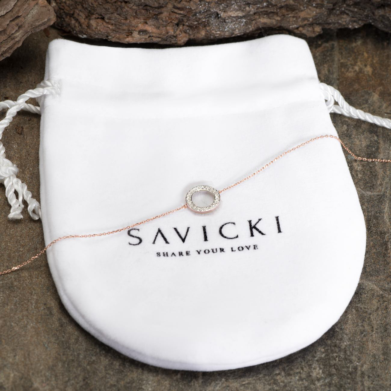 Bransoletka celebrytka koło z różowego złota 585 z białym diamentem 0.06ct 18cm