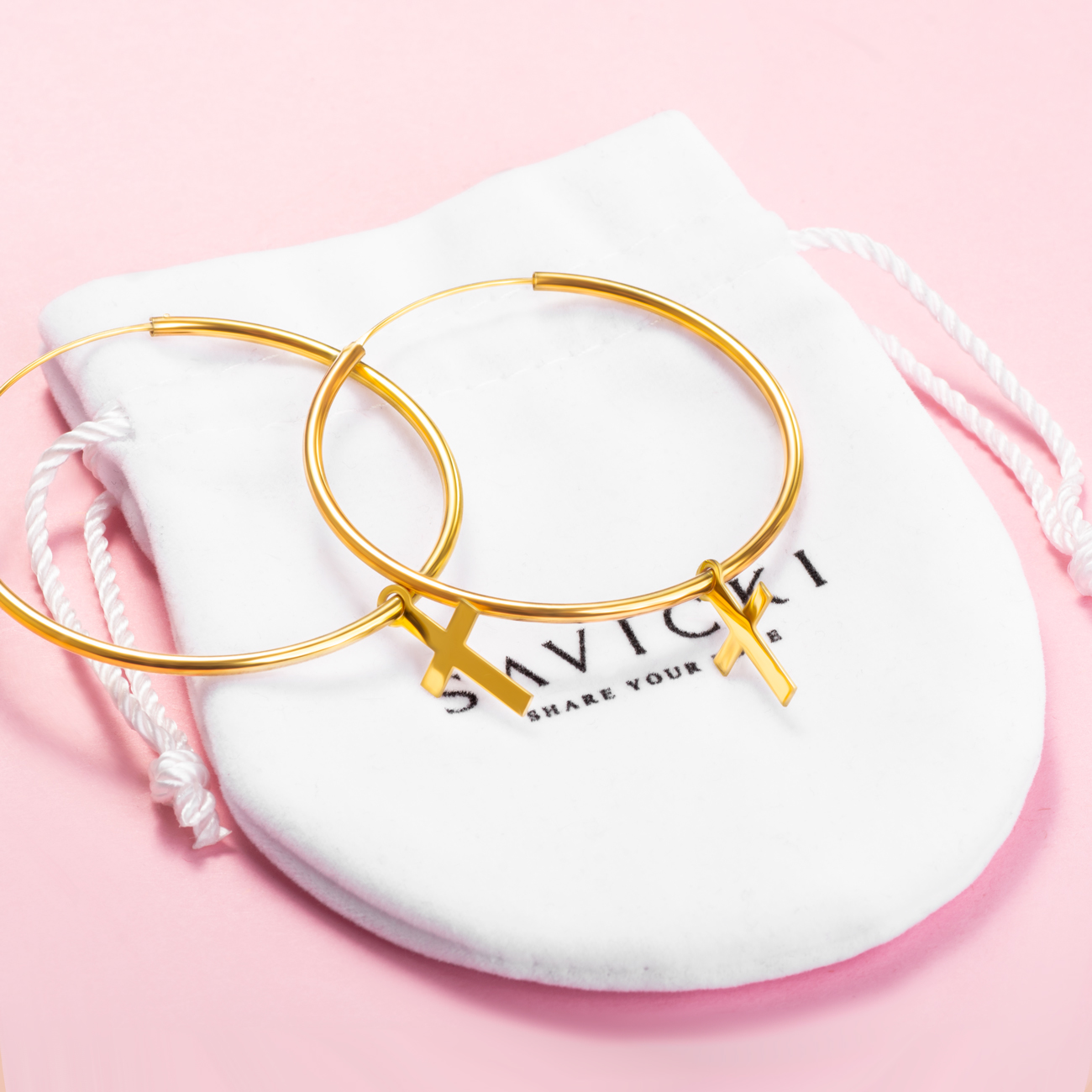 Kolczyki koła z krzyżykiem Savicki: srebrne pozłacane - 4