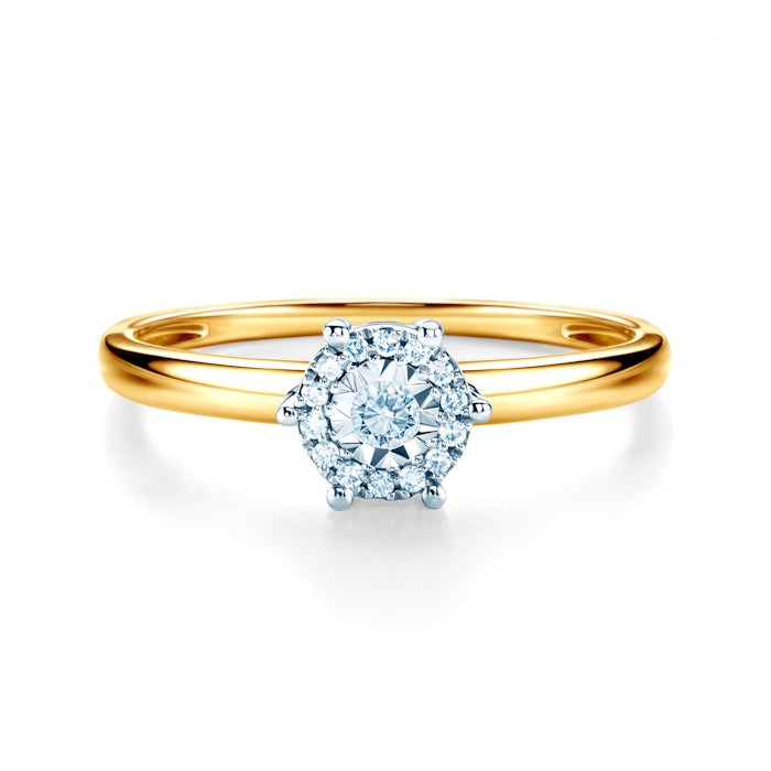 Halo Engagement Ring: two colour gold, diamonds