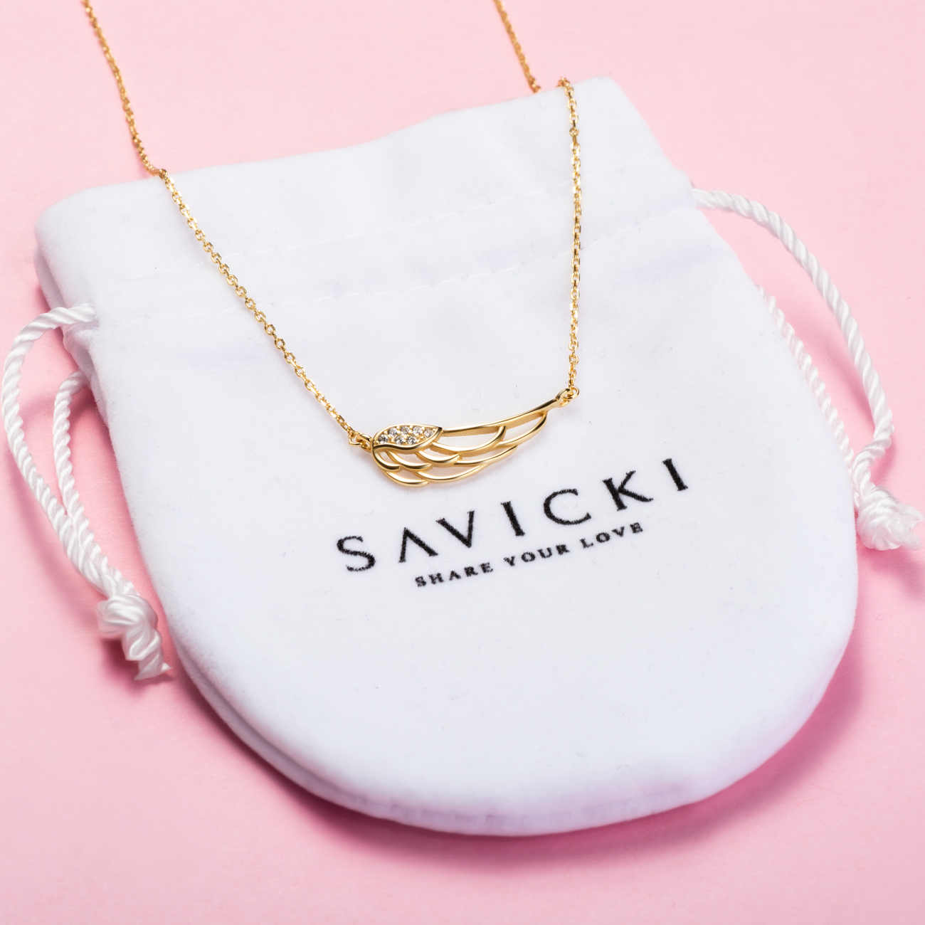 Naszyjnik skrzydło celebrytka Savicki: srebrny pozłacany, cyrkonie - 4