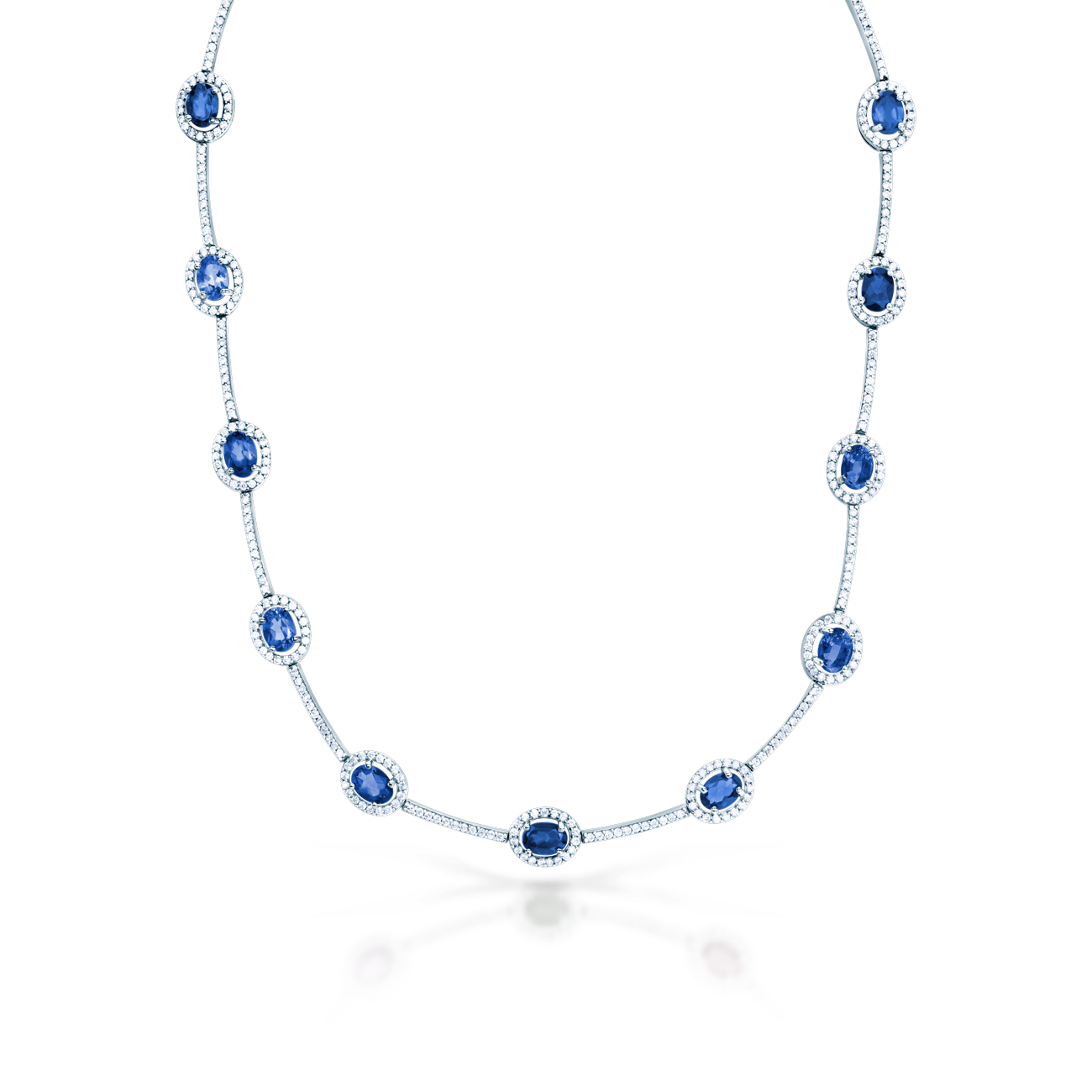 Náhrdelník Swan Lake: biele zlato, modré zafíry