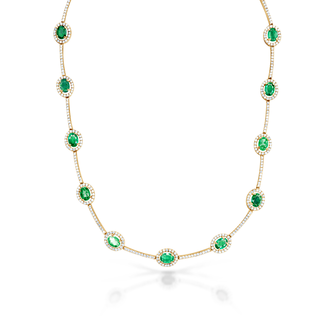 Náhrdelník Swan Lake: žluté zlato, smaragdy