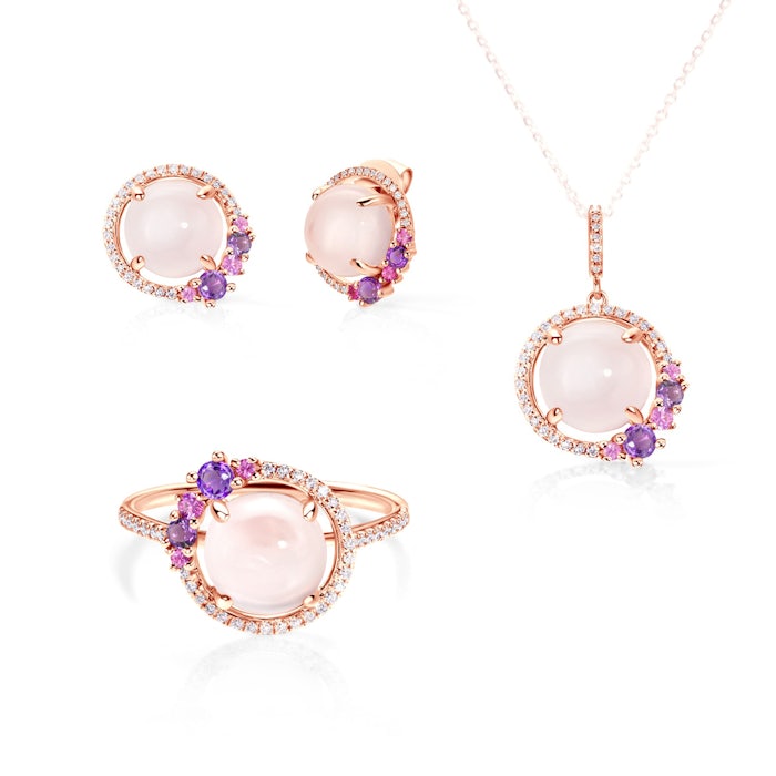 Komplet biżuterii Rainbow: różowe złoto, różowy kwarc, różowe szafiry, ametysty, diamenty