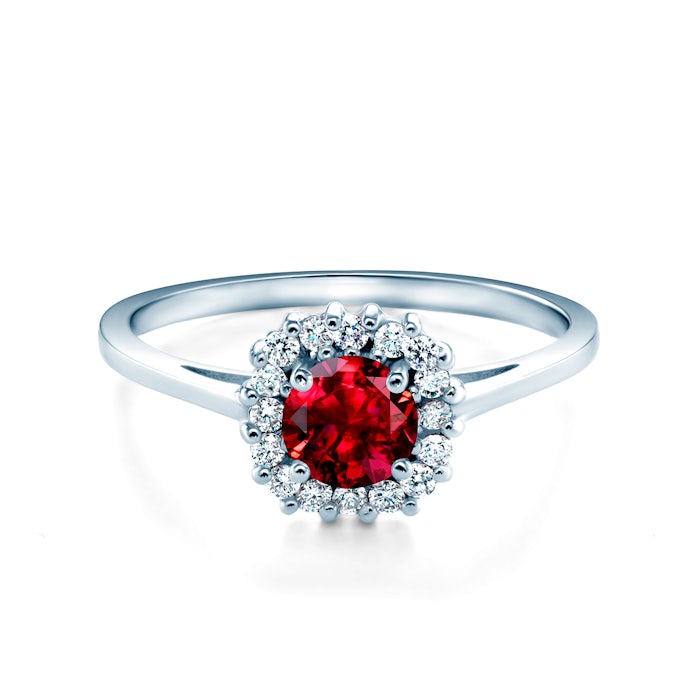 Halo Engagement Ring: white gold, ruby