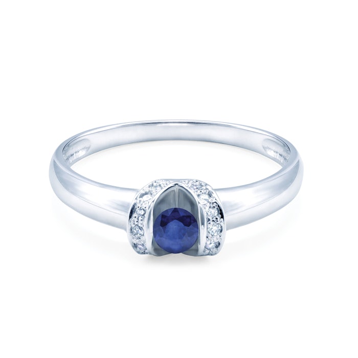 Pierścionek zaręczynowy SAVICKI: białe złoto, niebieski szafir