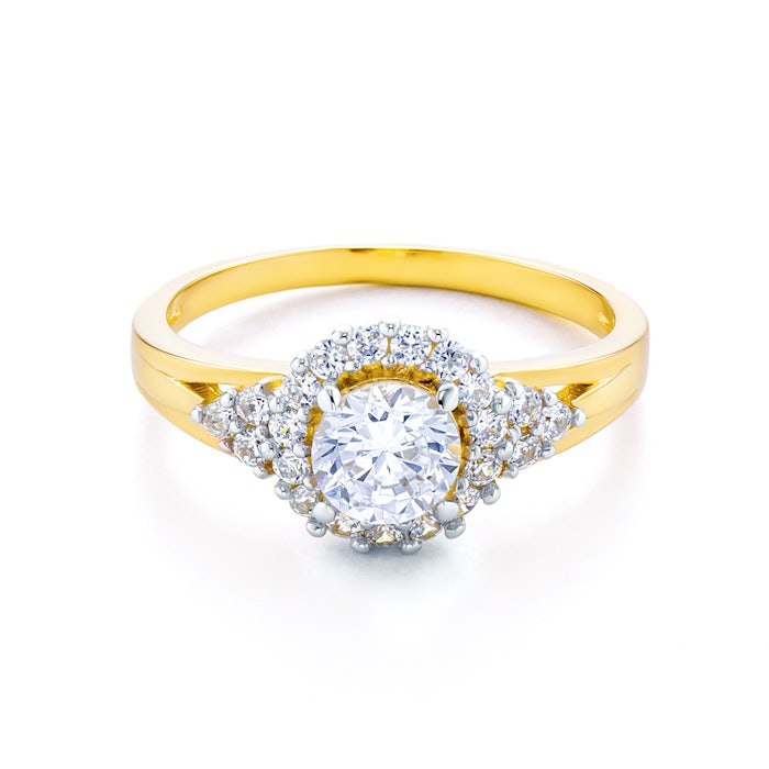 Halo Engagement Ring: two colour gold, cubic zirconia