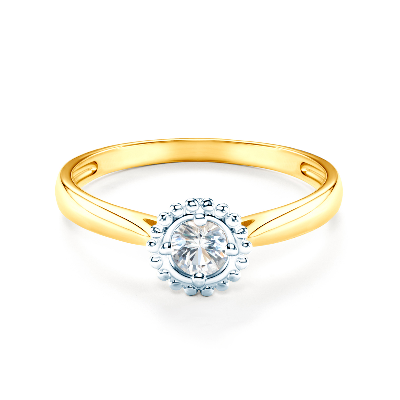 Halo Engagement Ring: two colour gold, white sapphire