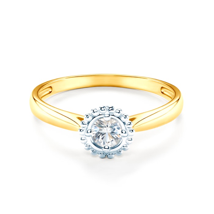 Halo Engagement Ring: two colour gold, white sapphire