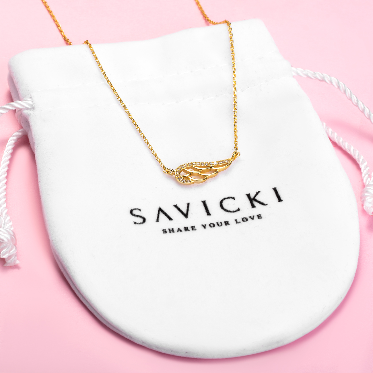 Naszyjnik skrzydło celebrytka Savicki: srebrny pozłacany, cyrkonie - 4