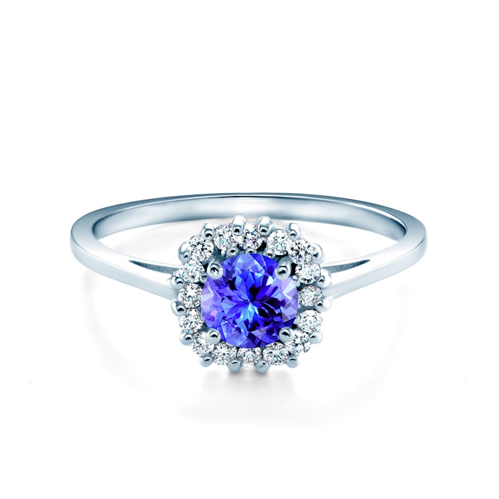 Halo Engagement Ring: white gold, tanzanite