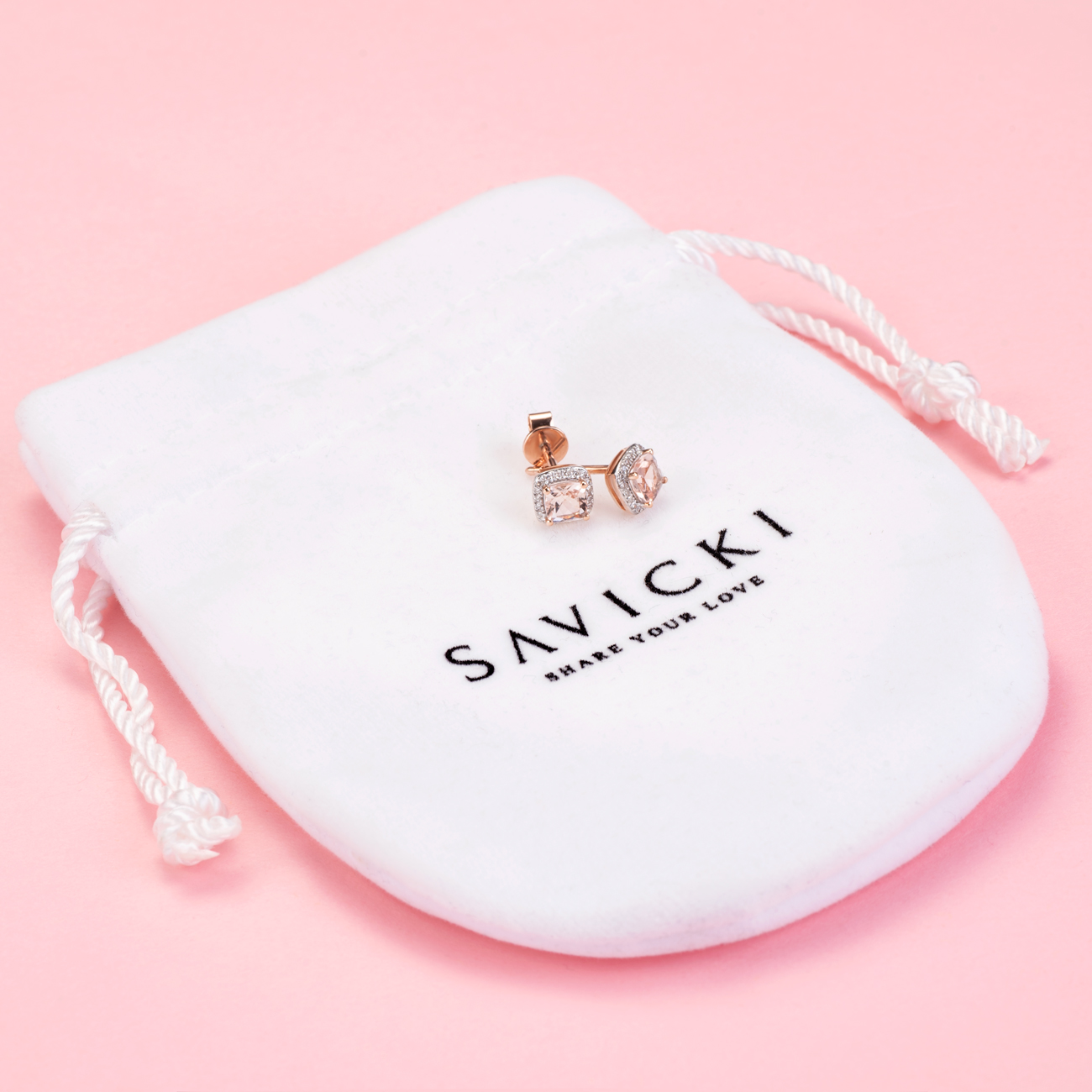 Kolczyki Savicki: różowe złoto, morganity, diamenty