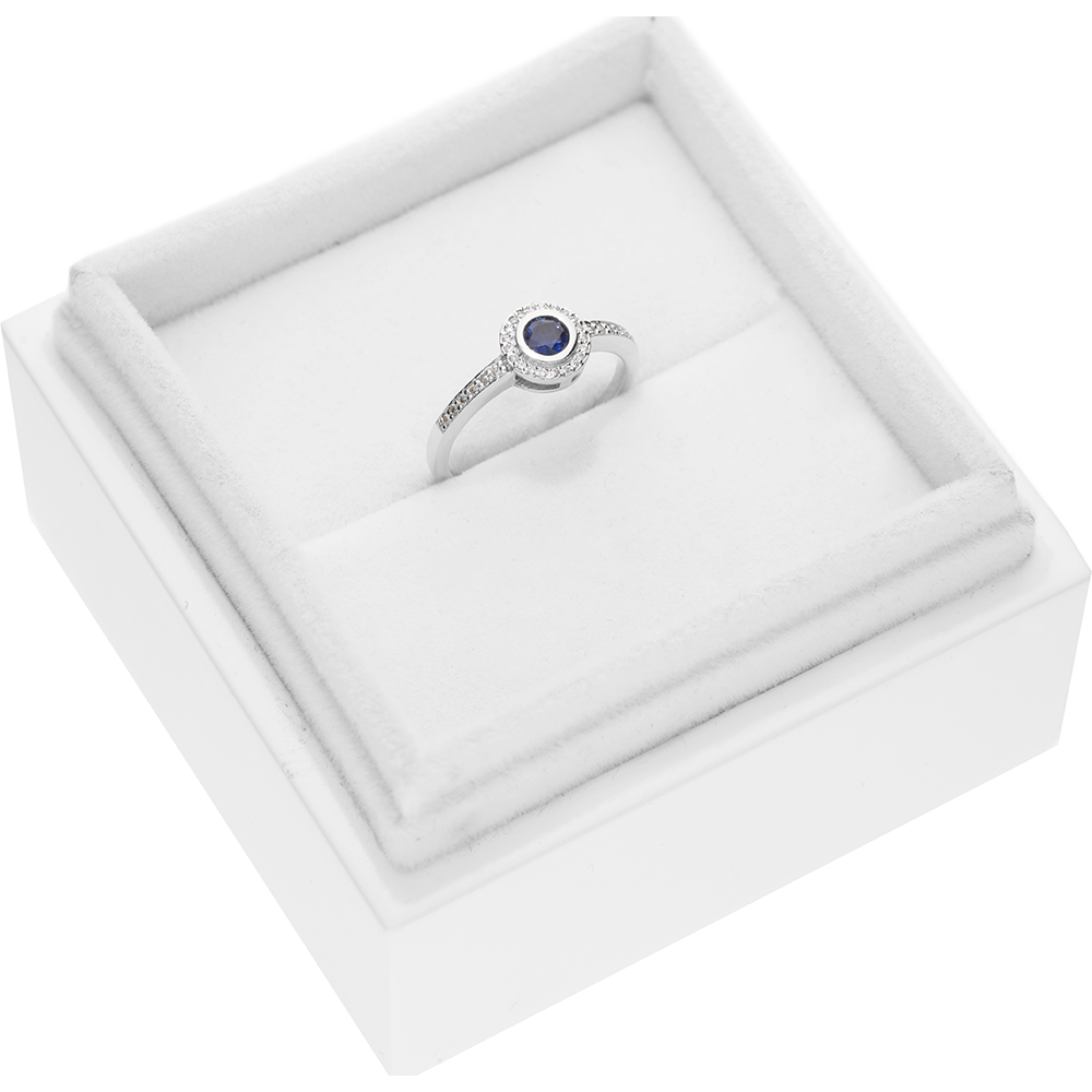 Pierścionek zaręczynowy SAVICKI: białe złoto, niebieski szafir