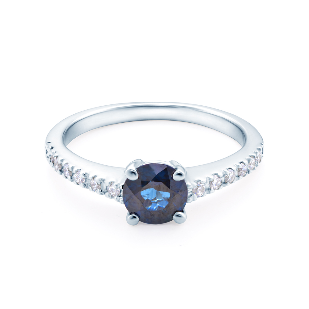 Pierścionek zaręczynowy SAVICKI: białe złoto, niebieski szafir