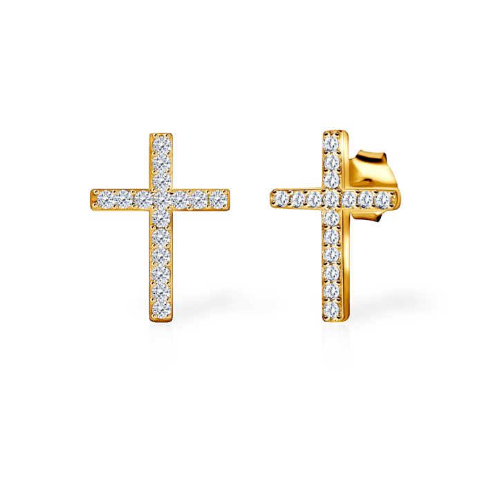 Náušnice křížek SAVICKI: pozlacené stříbro, zirkony