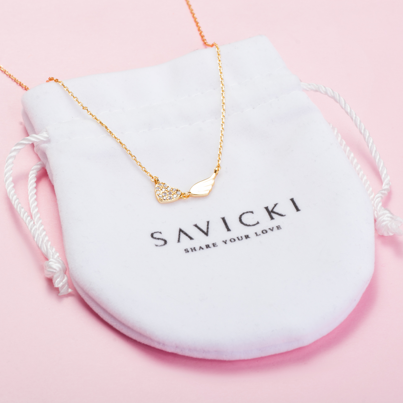 Naszyjnik celebrytka serce Savicki: srebrny pozłacany, cyrkonie
