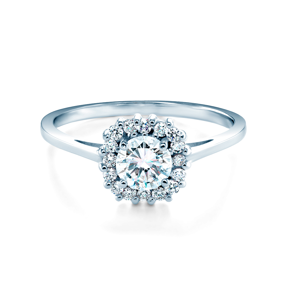 Pierścionek zaręczynowy SAVICKI: białe złoto, biały szafir