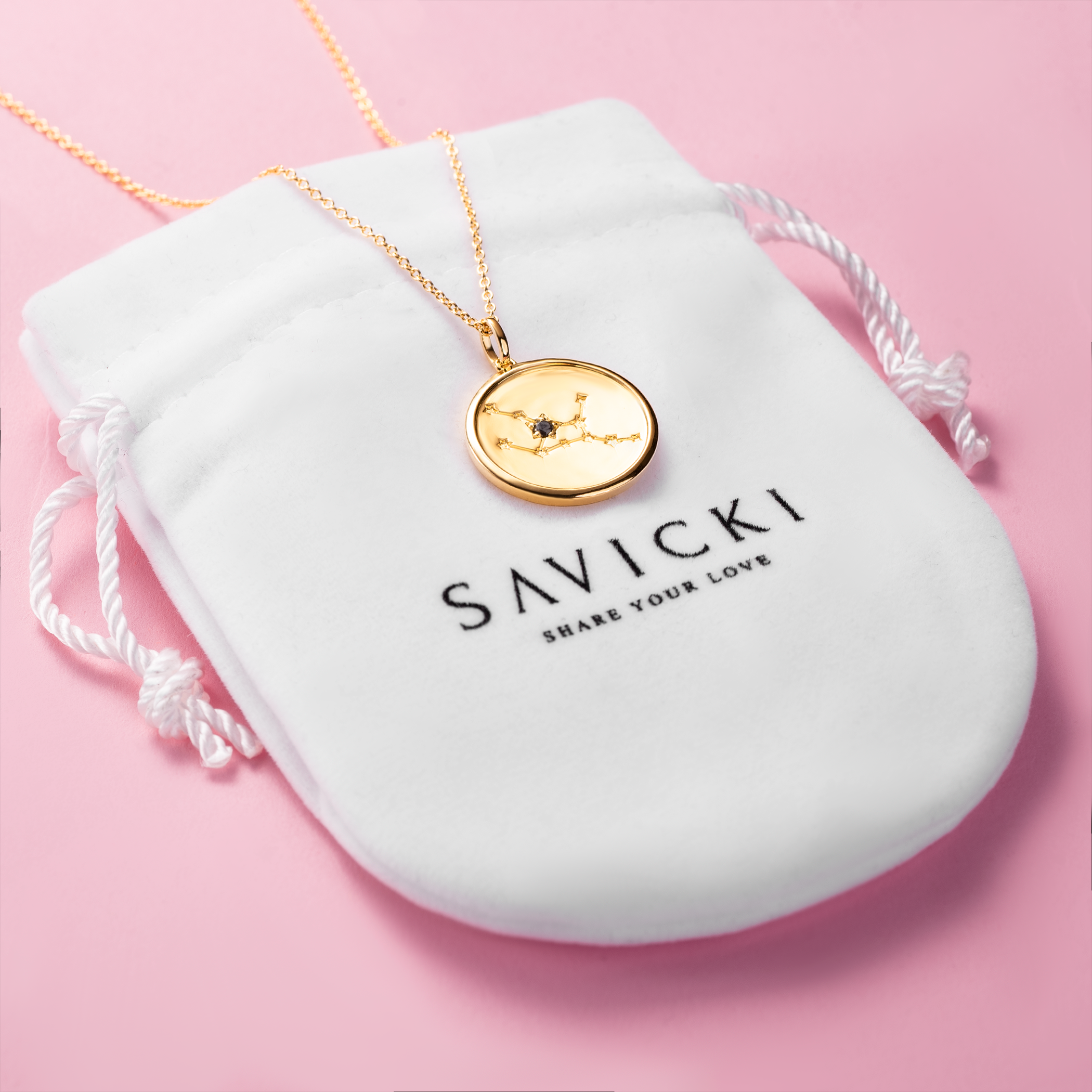 Halskette Sternzeichen Jungfrau Savicki: Silber Vergoldet, Schwarz Diamant