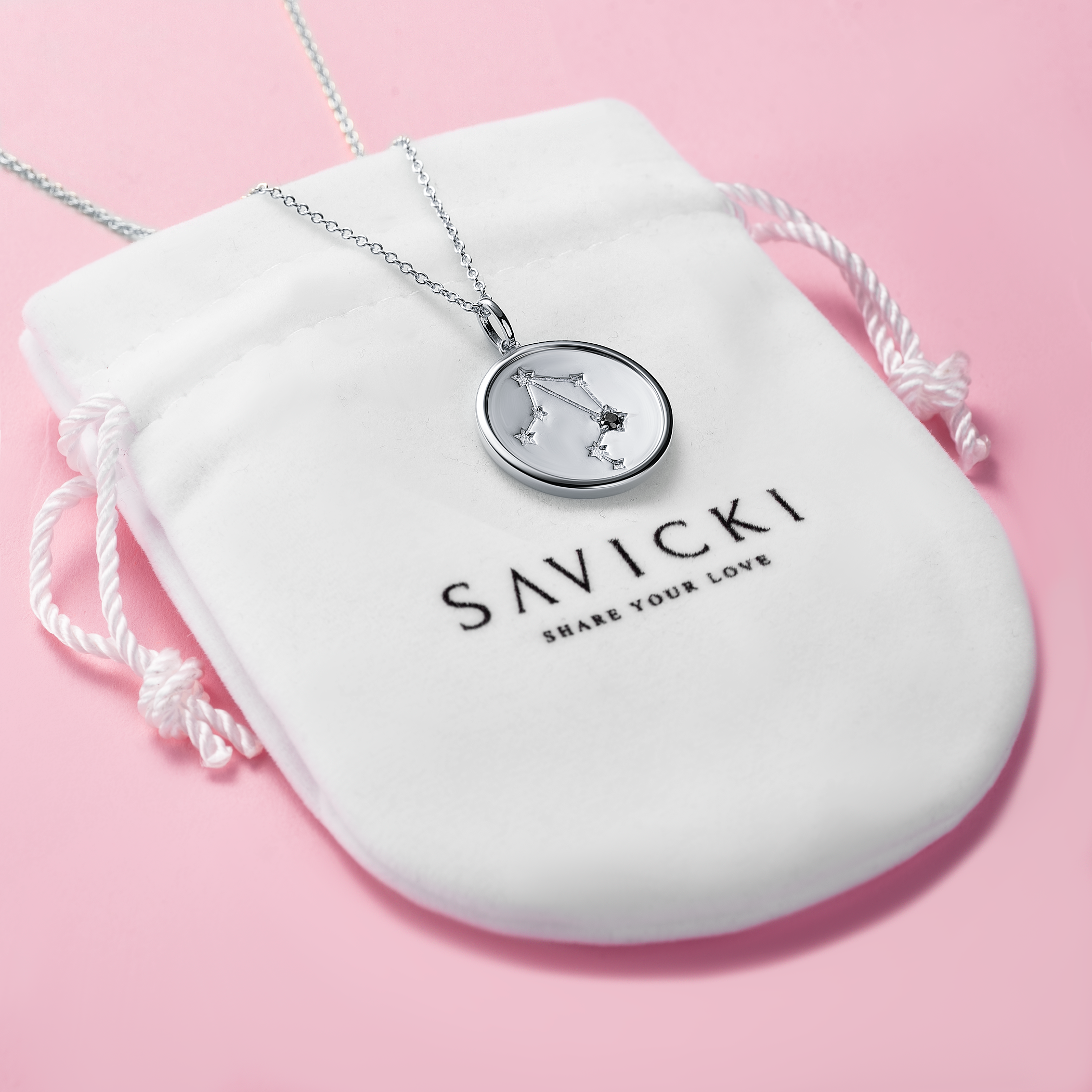 Naszyjnik znak zodiaku waga Savicki: srebrny, czarny diament - 4