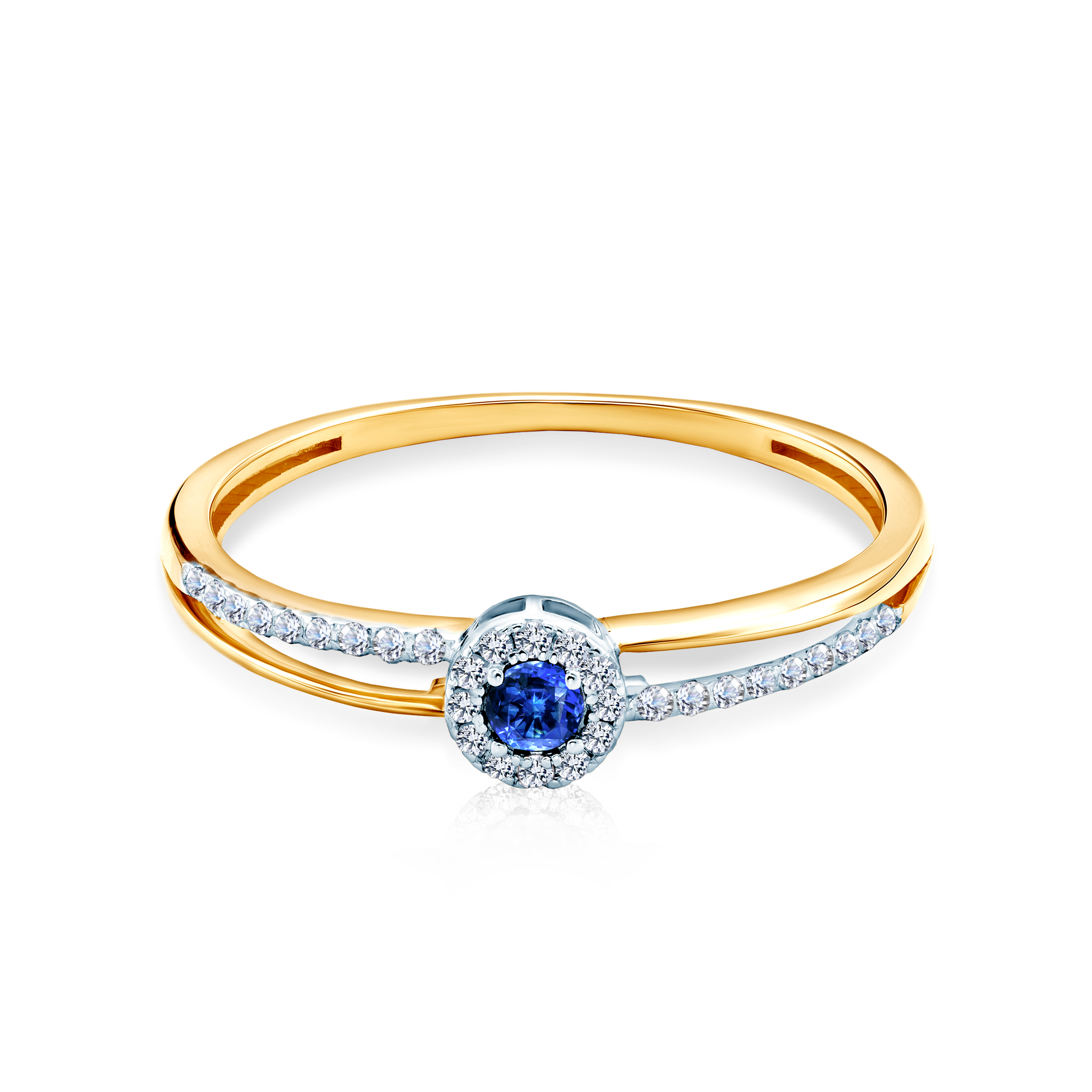 Pierścionek zaręczynowy SAVICKI: dwukolorowe złoto, niebieski szafir