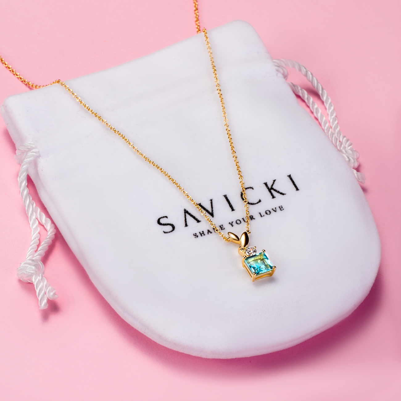 Naszyjnik celebrytka Savicki: srebrny pozłacany, topaz, cyrkonie - 4