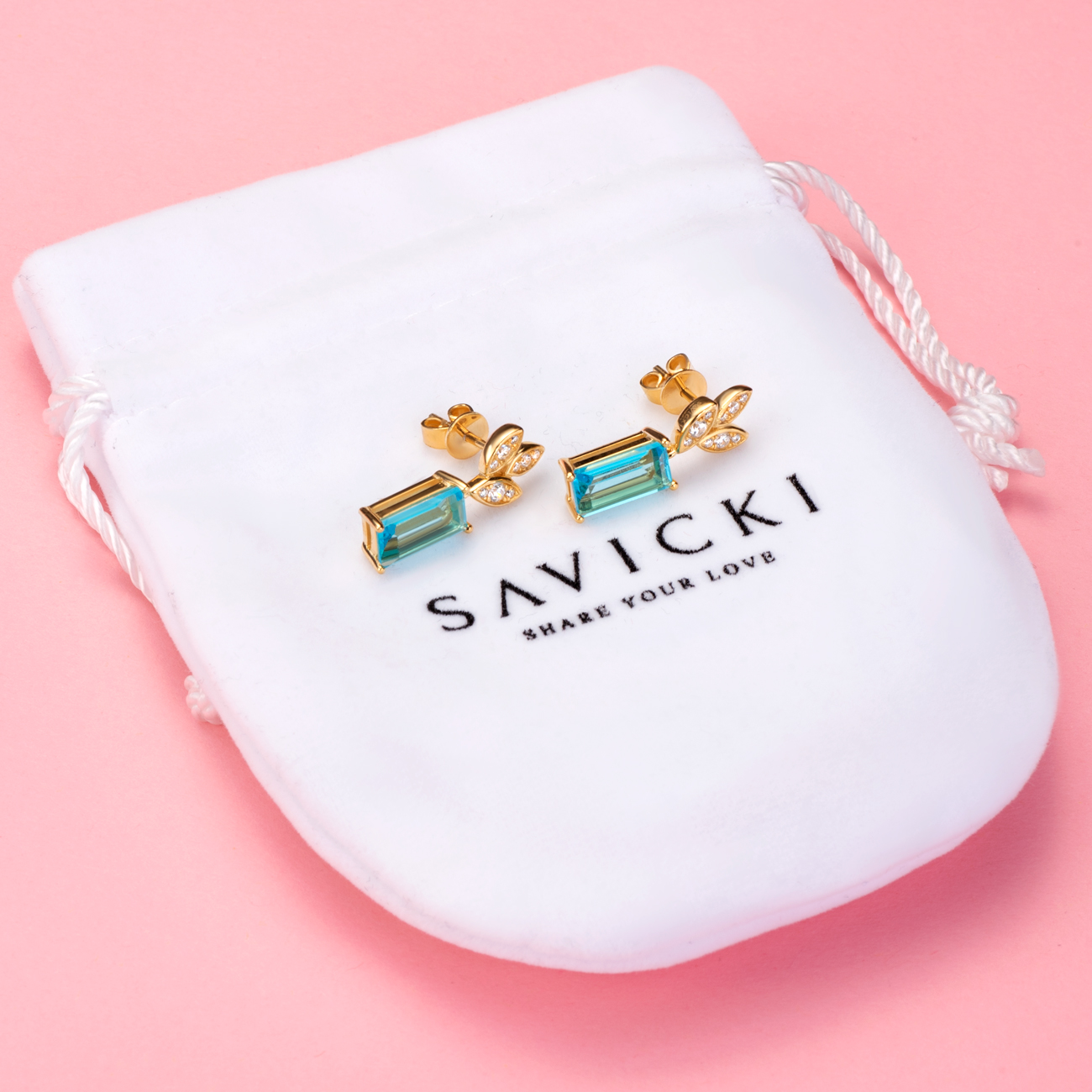 Kolczyki liść Savicki: srebrne pozłacane, topazy, cyrkonie