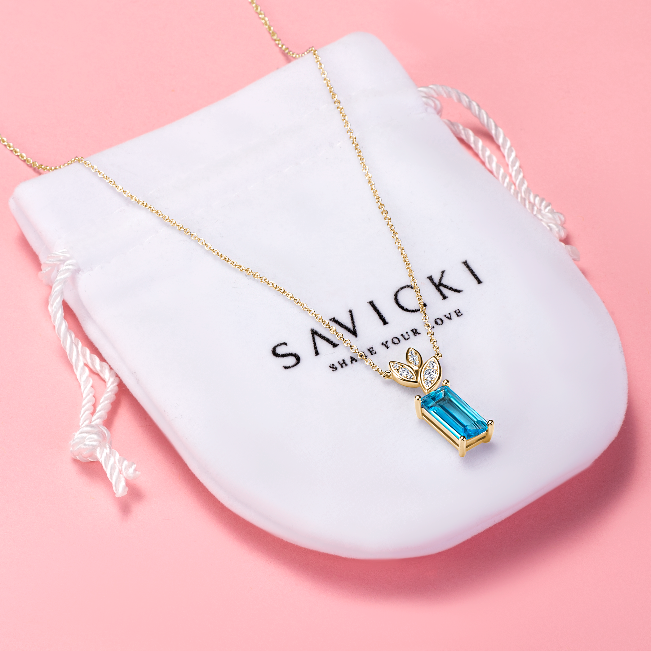 Naszyjnik celebrytka listki Savicki: srebrny pozłacany, topaz, cyrkonie