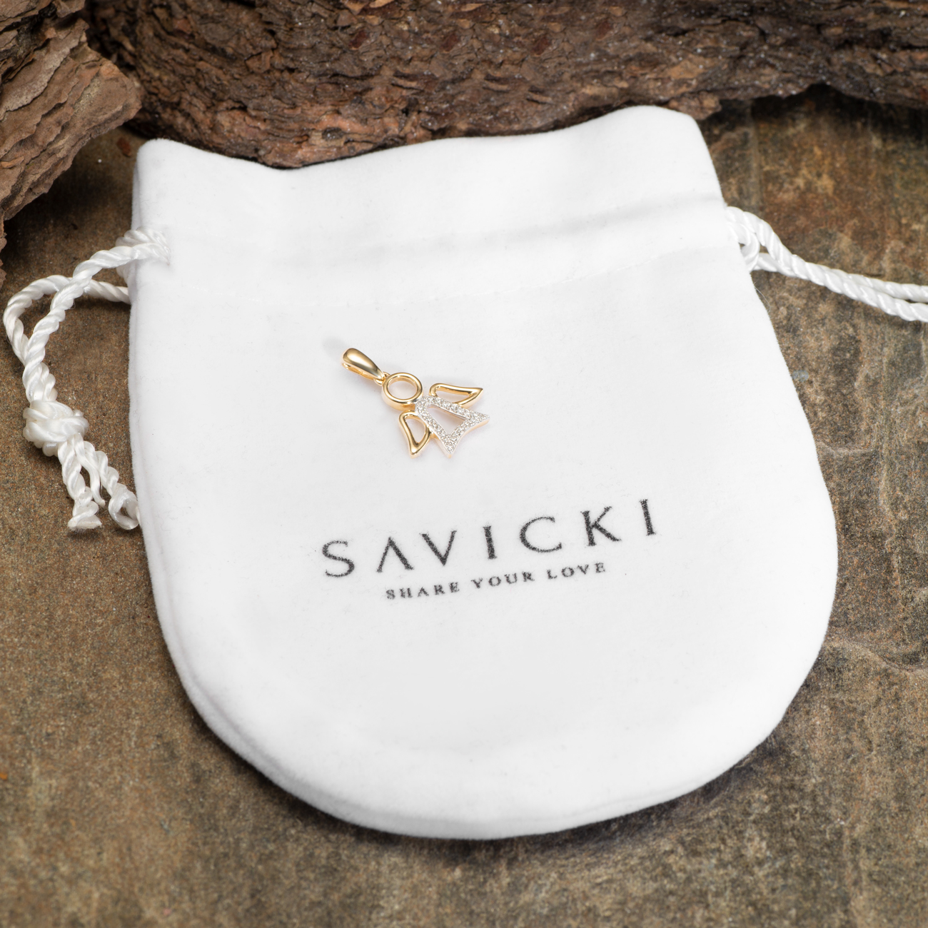 Zawieszka aniołek Savicki: złota, diamenty