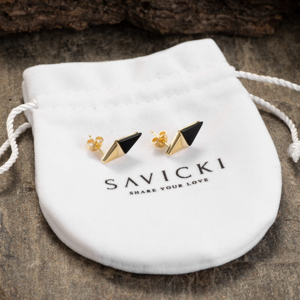 Kolczyki Savicki: srebrne pozłacane, onyksy - 4