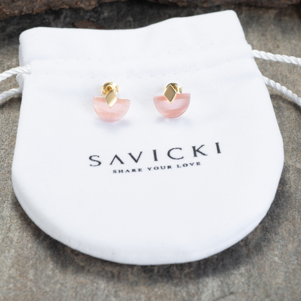 Kolczyki Savicki: srebrne pozłacane, różowe kocie oko - 4