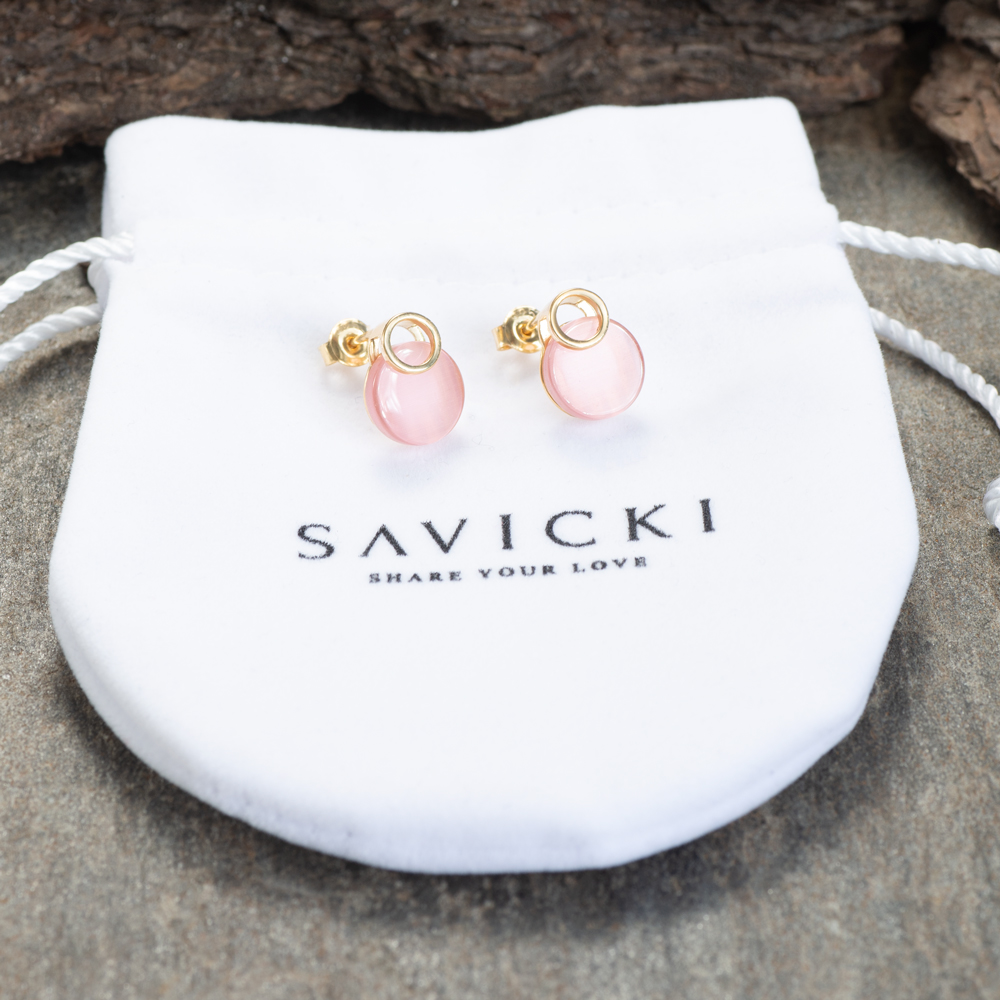 Kolczyki Savicki: srebrne pozłacane, różowe kocie oko