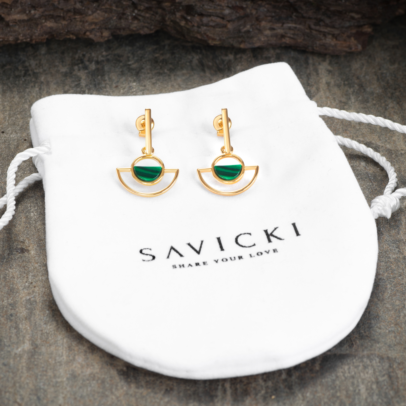 Kolczyki Savicki: srebrne pozłacane, malachity - 4