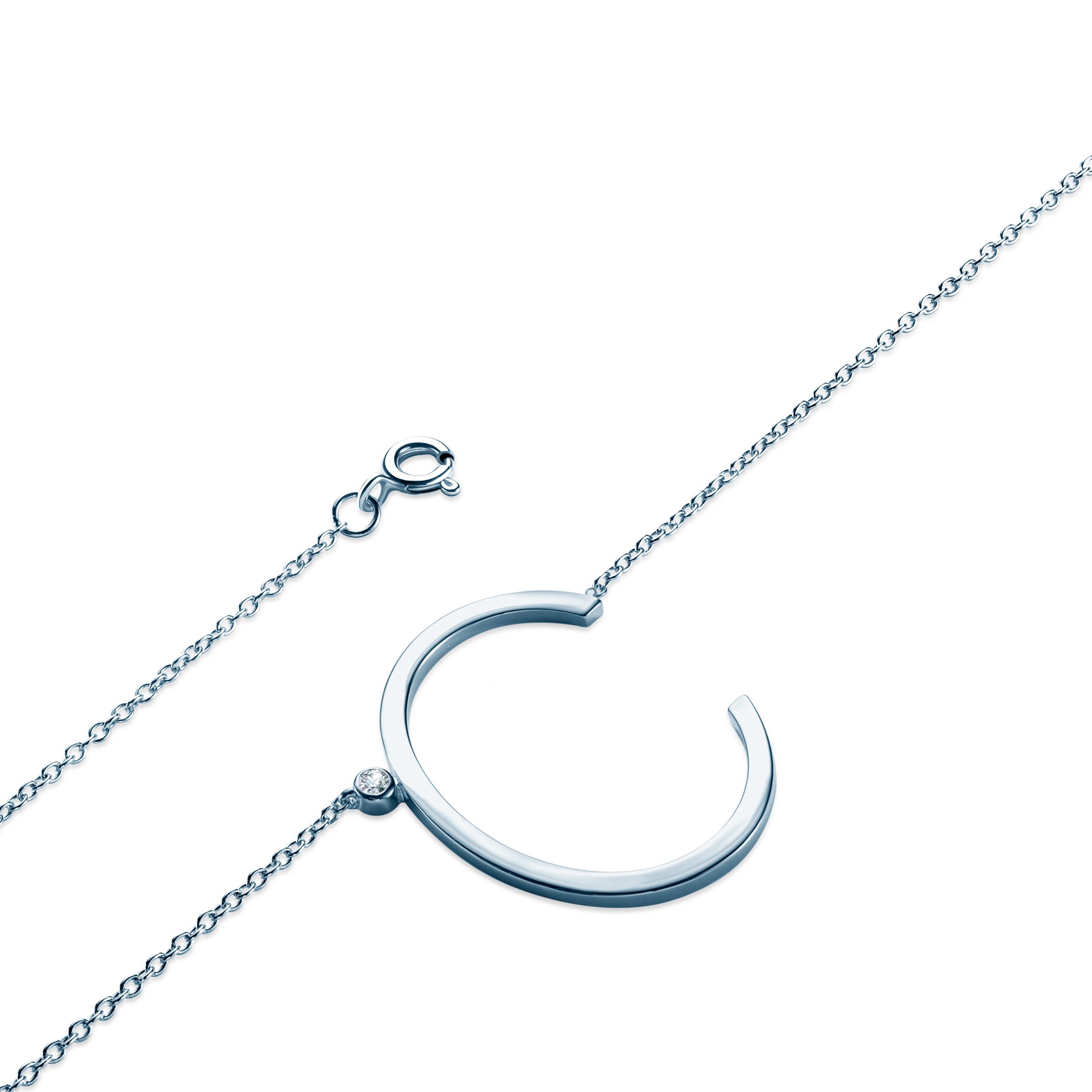 Halskette Kette mit Anhänger  Buchstabe C Savicki: Silber, Weißer Saphir