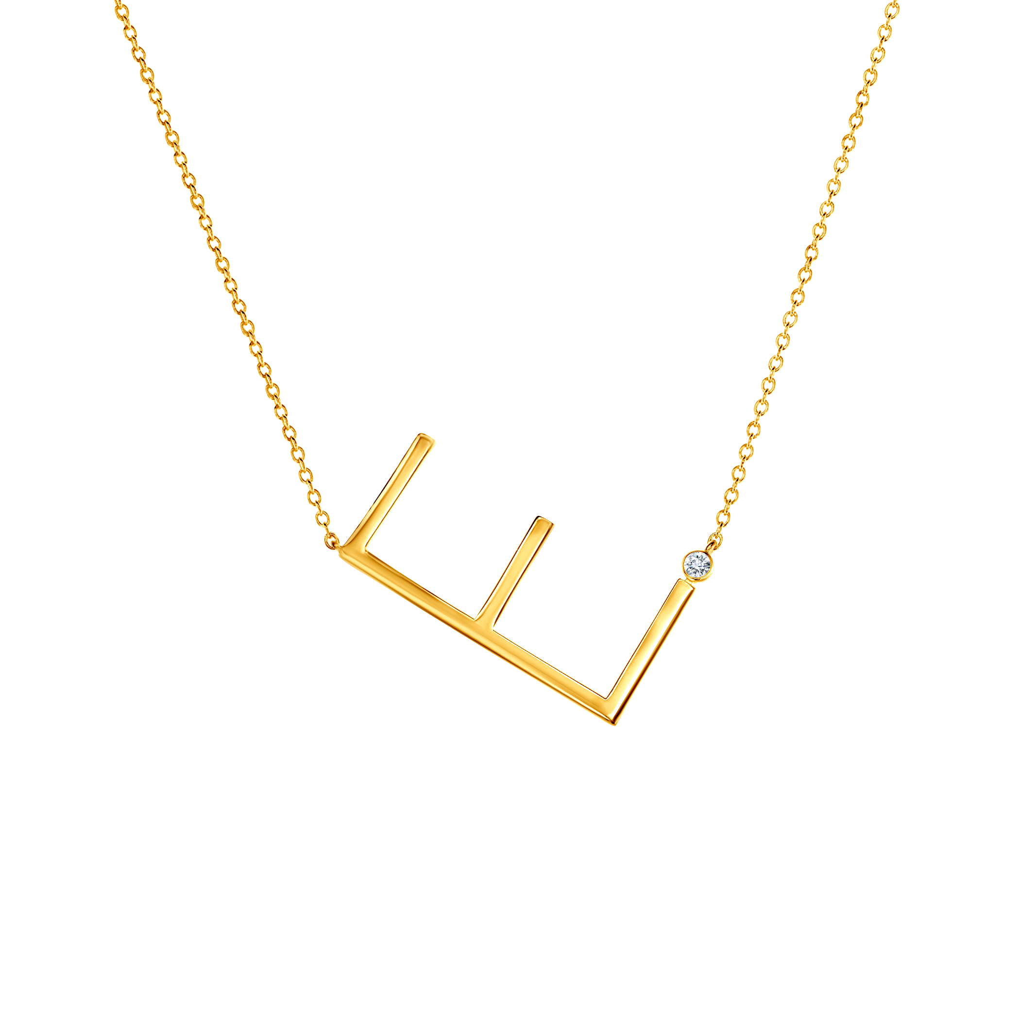 Naszyjnik celebrytka litera E Savicki: srebrny pozłacany, biały szafir