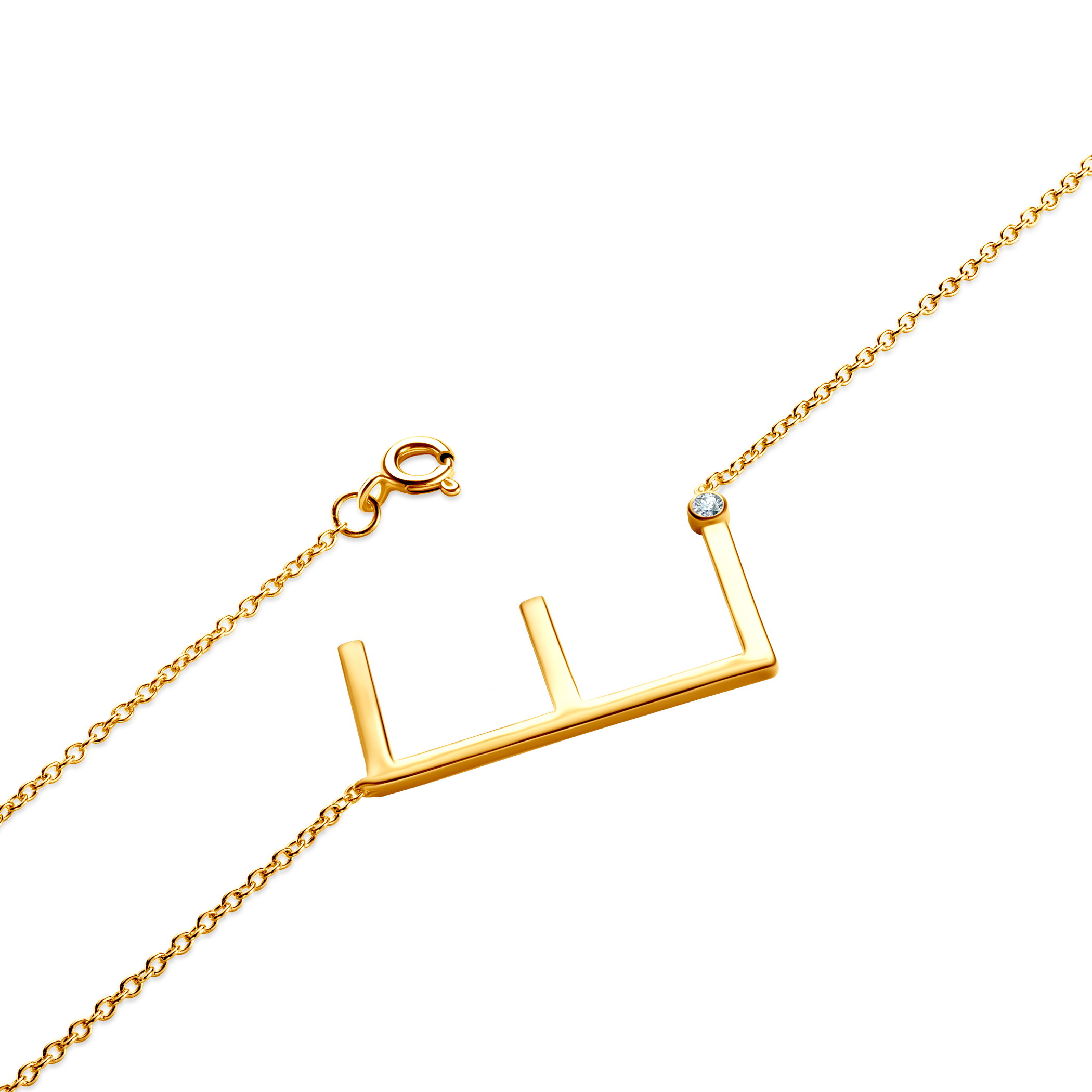 Naszyjnik celebrytka litera E Savicki: srebrny pozłacany, biały szafir