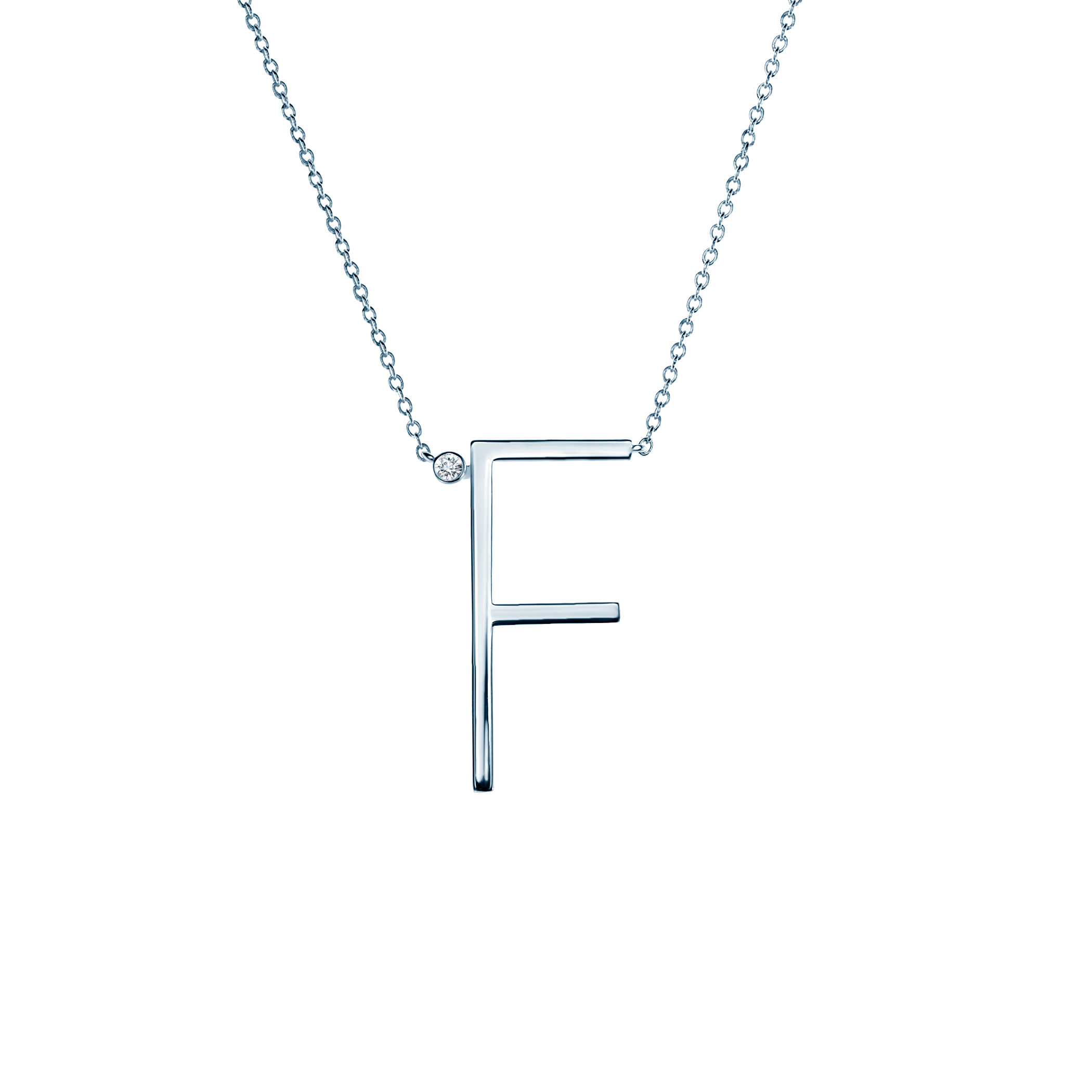Naszyjnik celebrytka litera F Savicki: srebrny, biały szafir