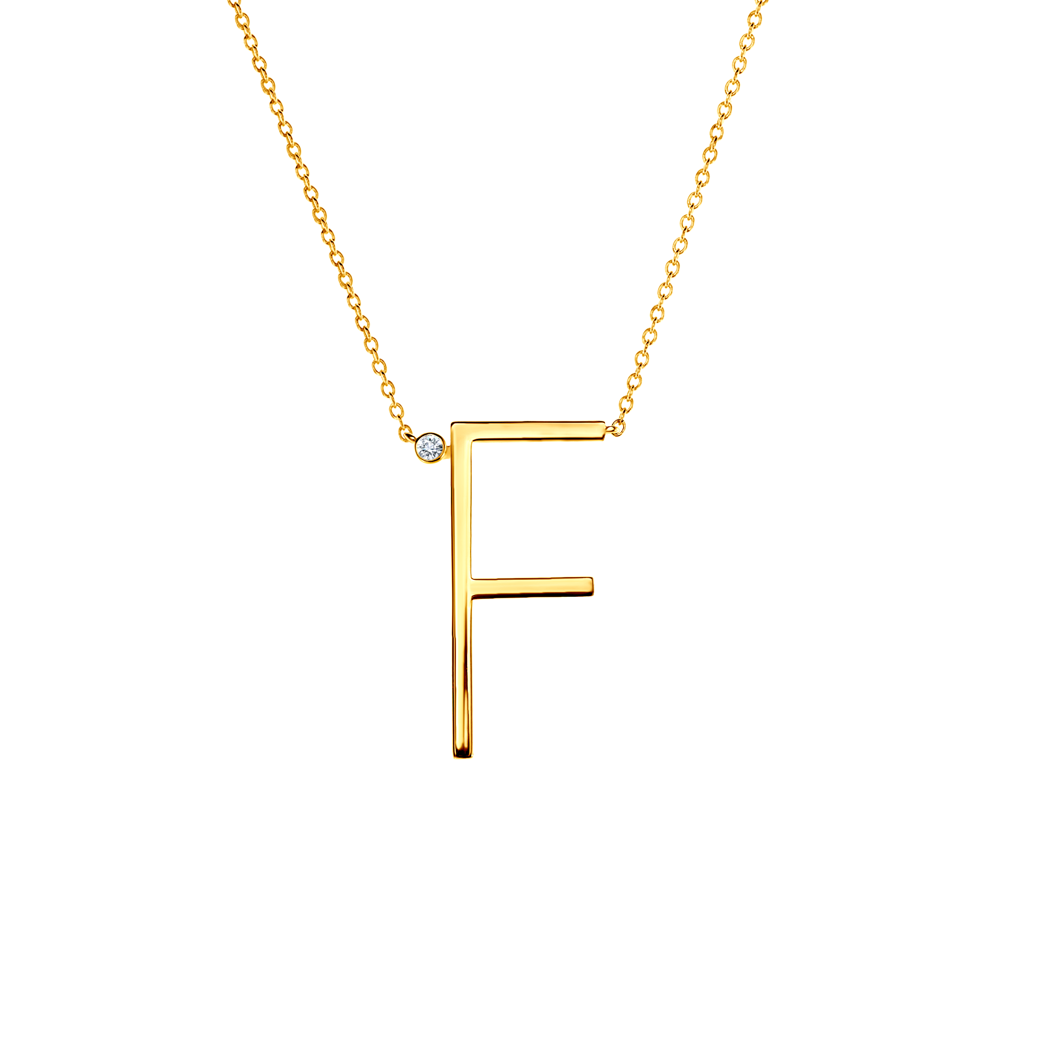 Naszyjnik celebrytka litera F Savicki: srebrny pozłacany, biały szafir