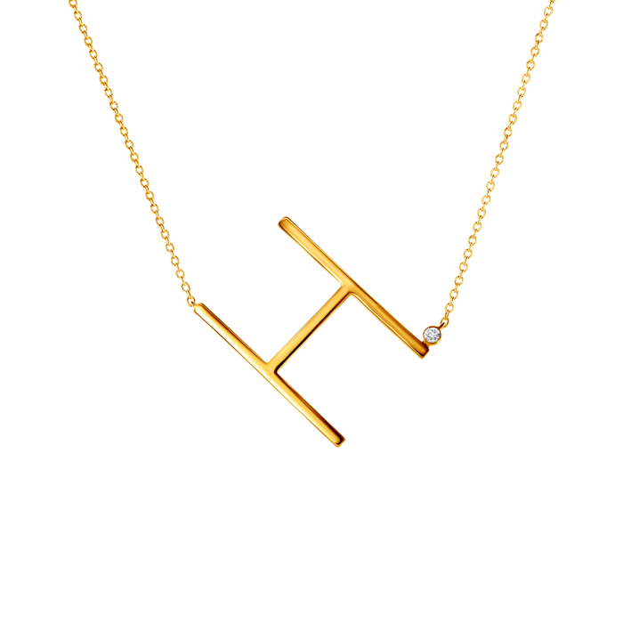 Necklace Letter H Savicki: gold-plated silver, white sapphire