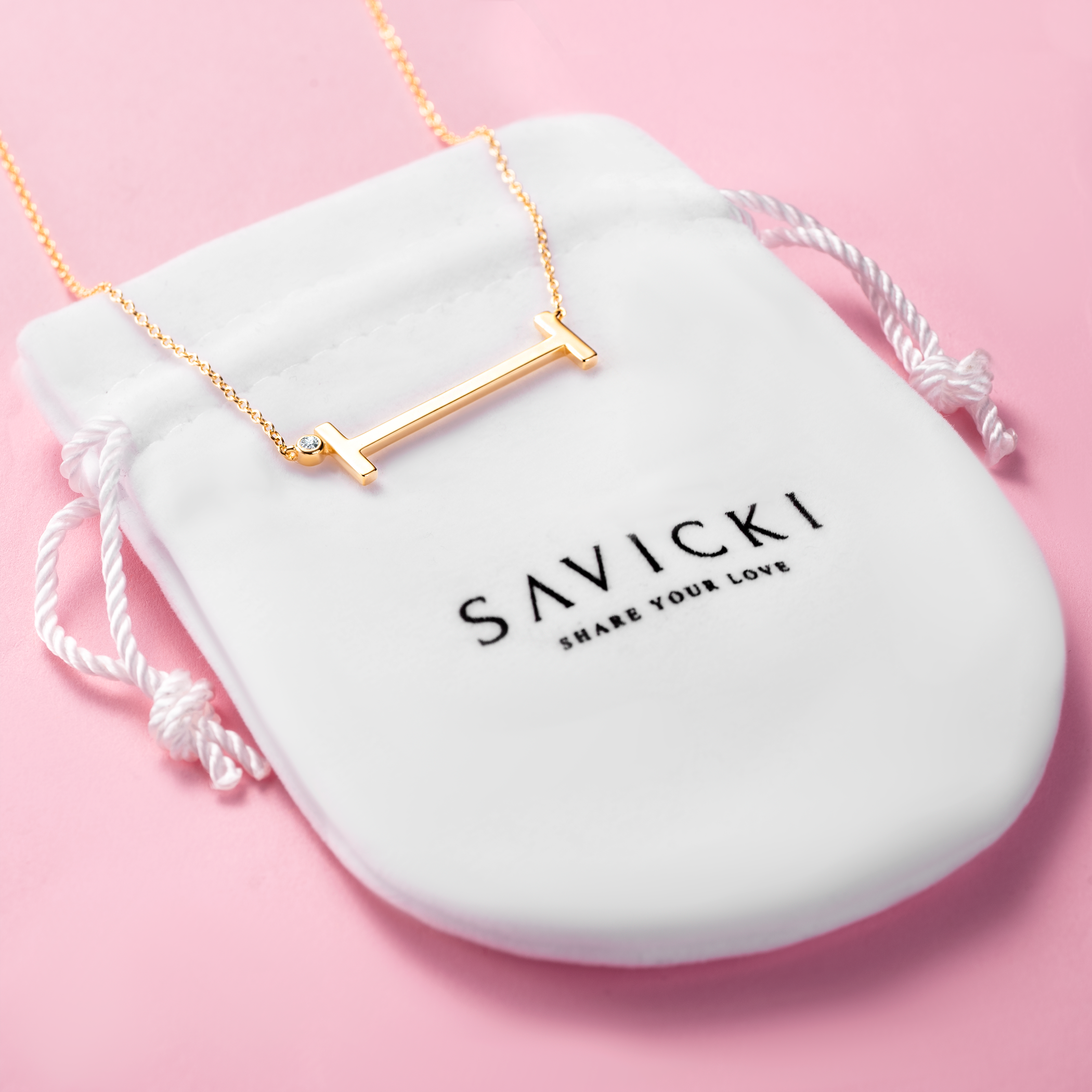 Naszyjnik litera I srebrny pozłacany z białym szafirem 0.05ct 45 cm - 4