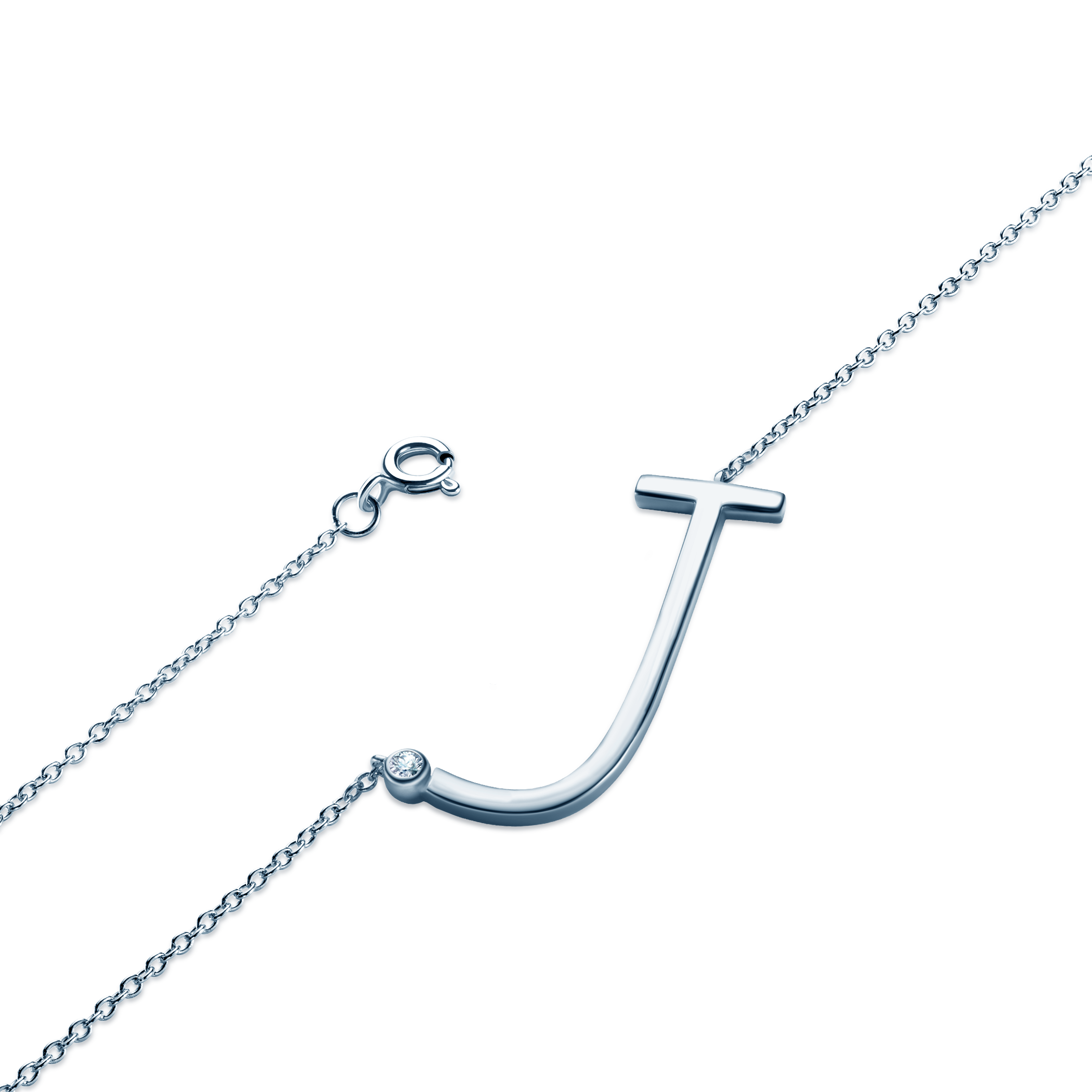 Naszyjnik celebrytka litera J Savicki: srebrny, biały szafir - 3