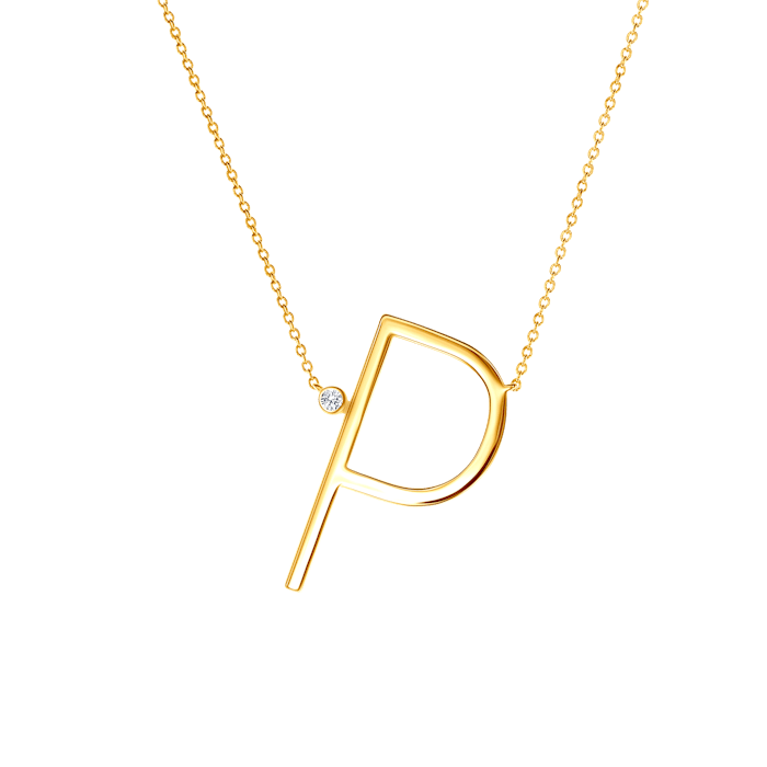 Necklace Letter P Savicki: gold-plated silver, white sapphire