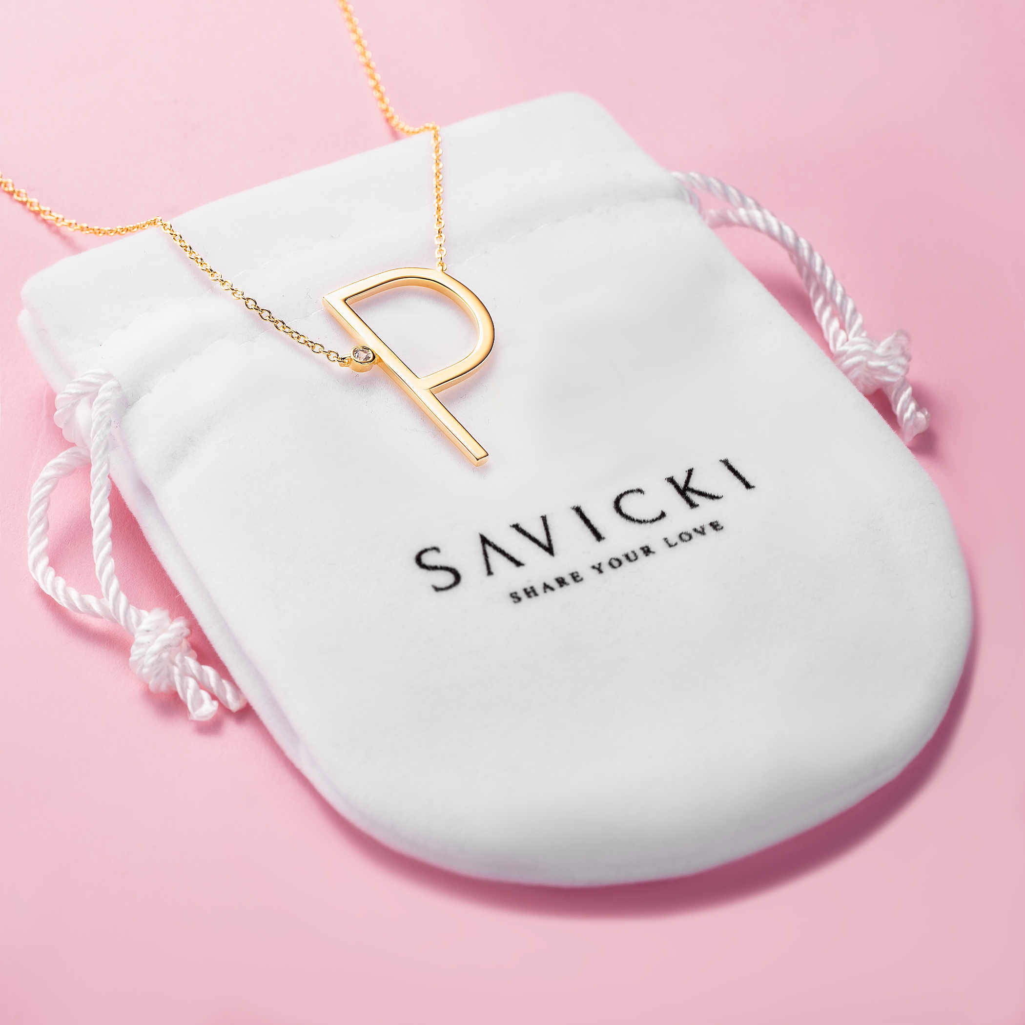 Naszyjnik litera P srebrny pozłacany z białym szafirem 0.05ct 45 cm - 4