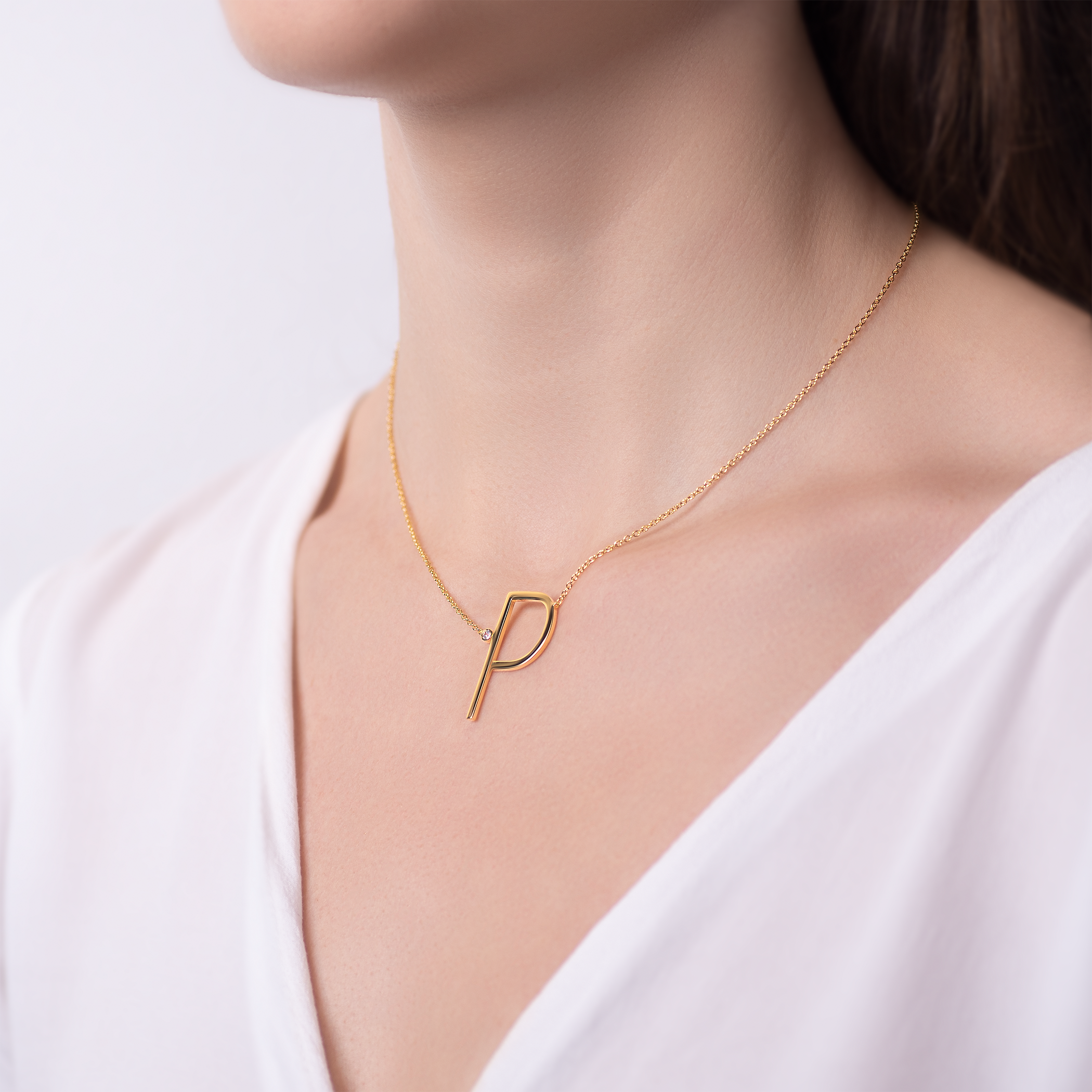 Naszyjnik litera P srebrny pozłacany z białym szafirem 0.05ct 45 cm - 5