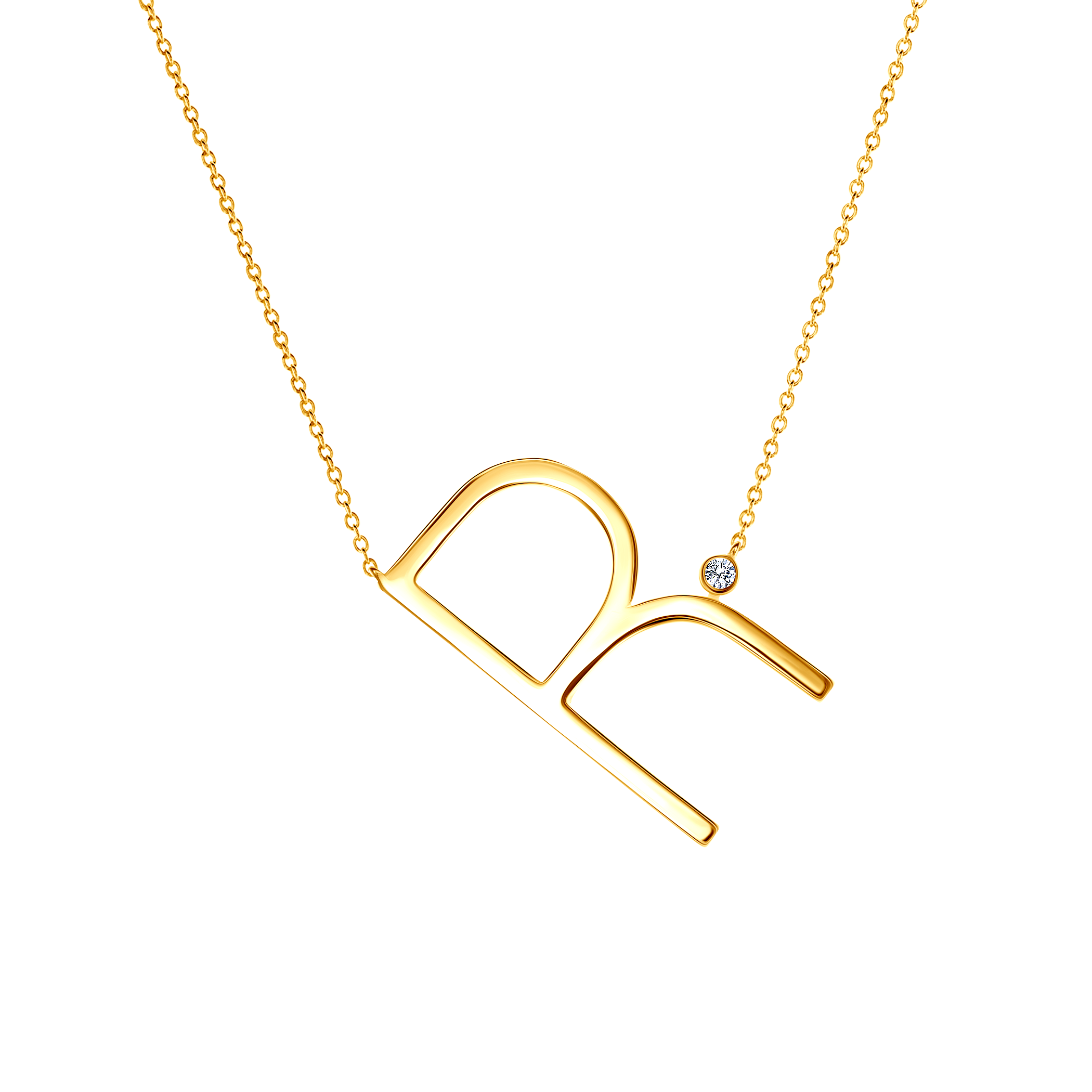 Naszyjnik celebrytka litera R Savicki: srebrny pozłacany, biały szafir