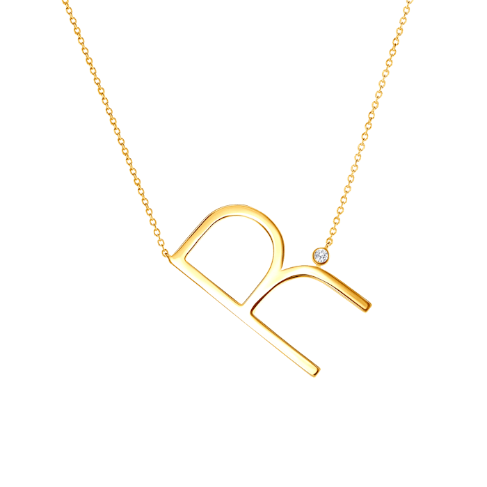 Naszyjnik celebrytka litera R Savicki: srebrny pozłacany, biały szafir