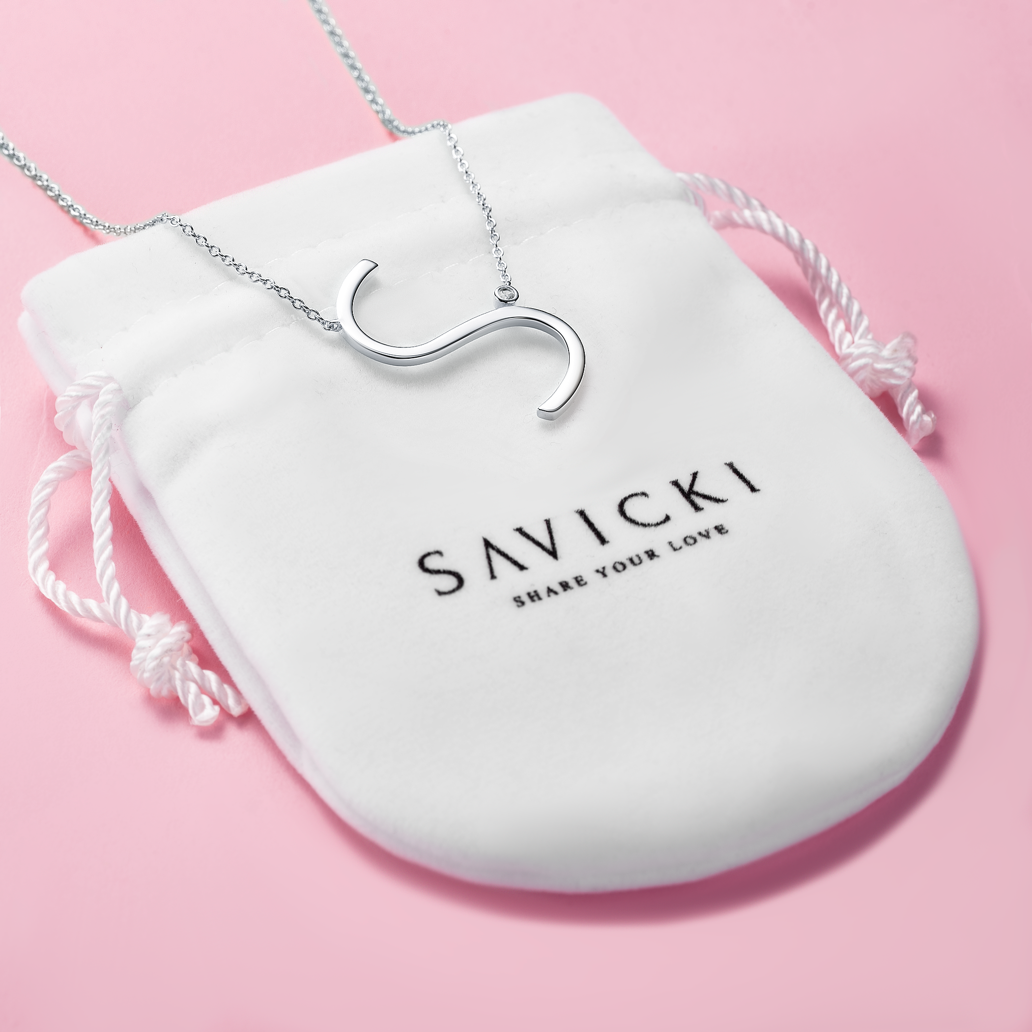 Halskette Kette mit Anhänger  Buchstabe S Savicki: Silber, Weißer Saphir - 4