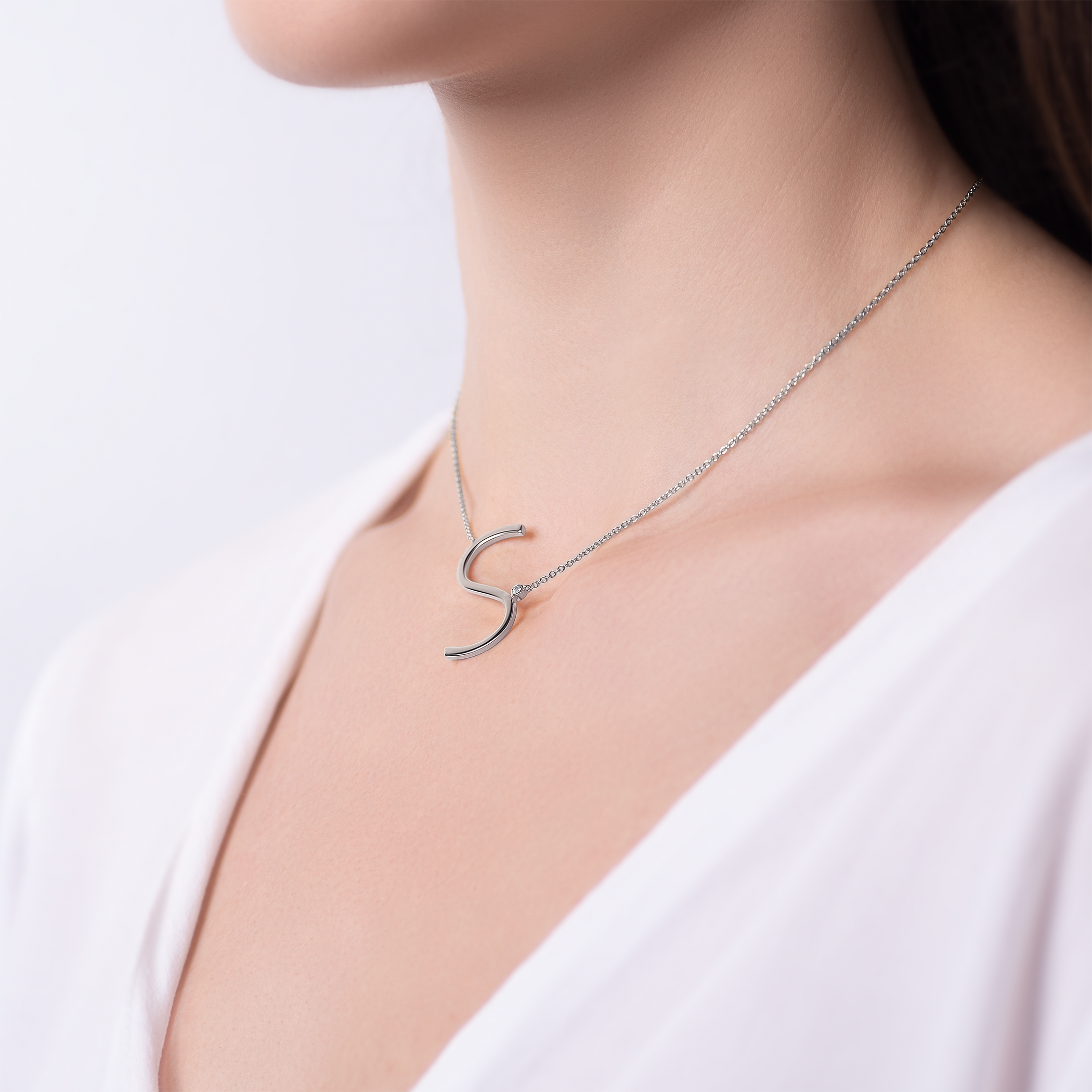 Halskette Kette mit Anhänger  Buchstabe S Savicki: Silber, Weißer Saphir - 5