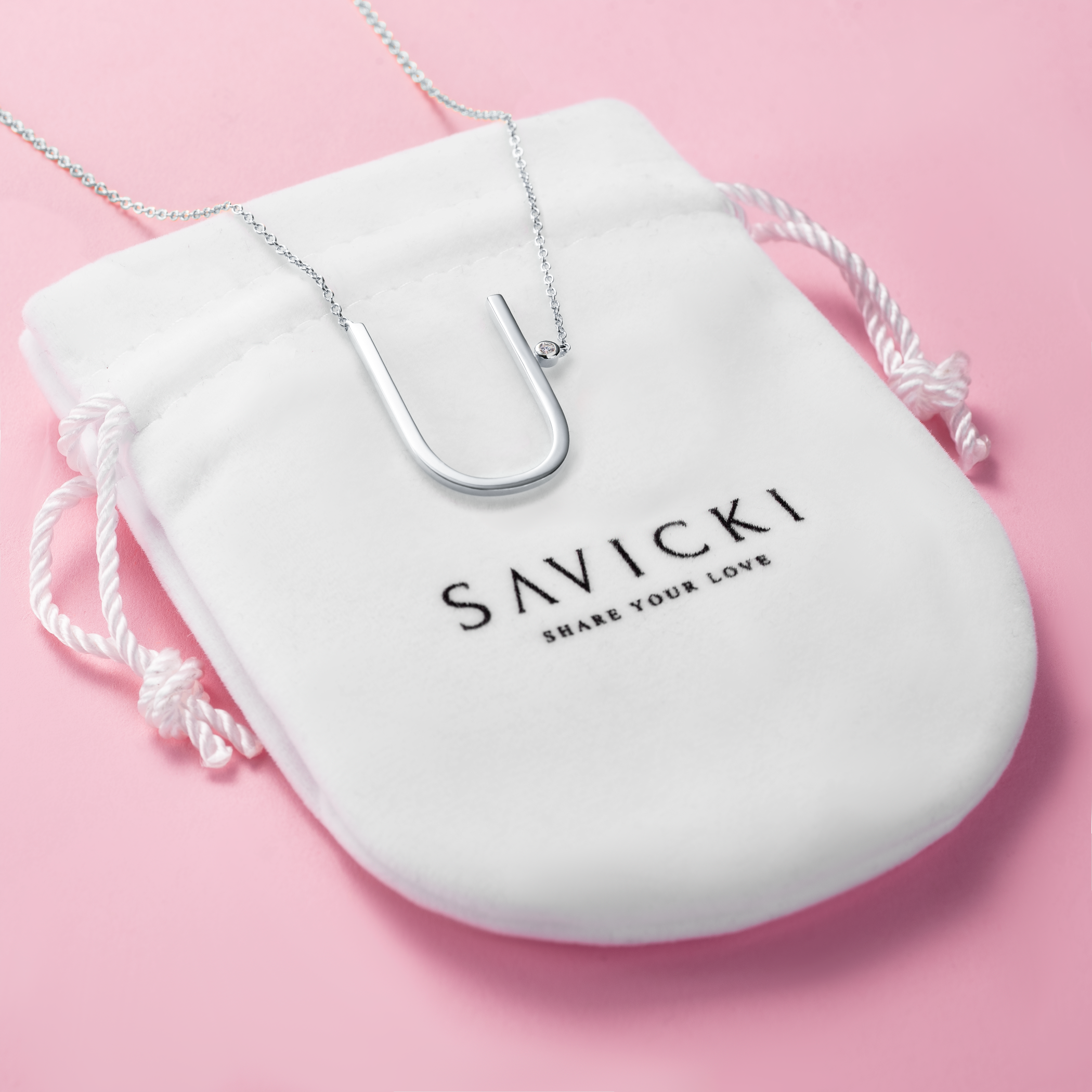 Naszyjnik litera U srebrny z białym szafirem 0.05ct 45 cm - 4