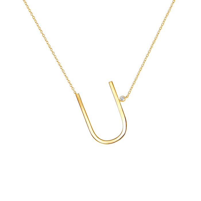 Necklace Letter U Savicki: gold-plated silver, white sapphire