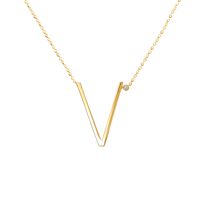 Necklace Letter V Savicki: gold-plated silver, white sapphire